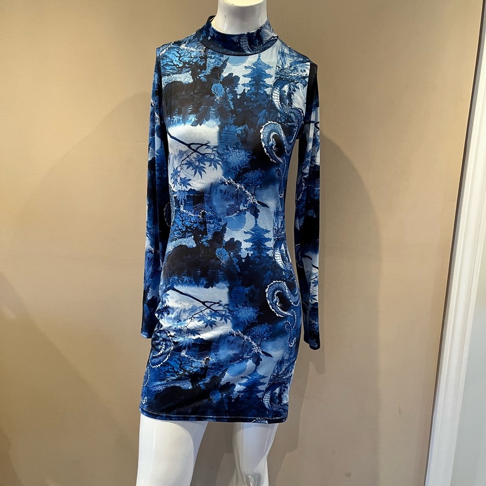 Blue Patterned Long Sleeve Dress